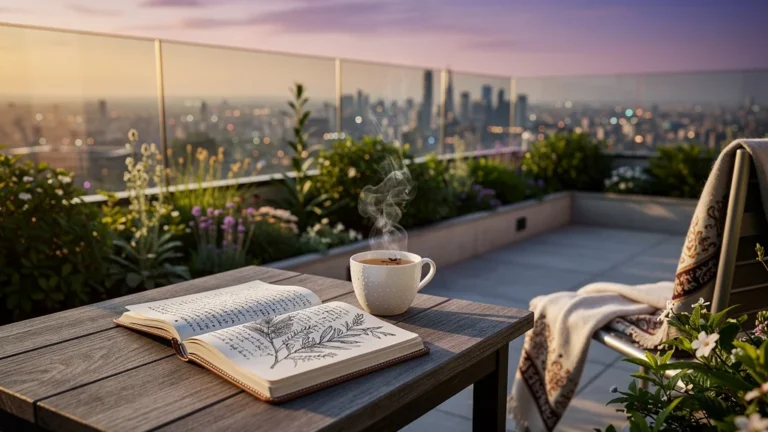 Terrasse urbaine élégante au crépuscule avec plantes médicinales tibétaines et carnet de notes intime Escale d'Hermes