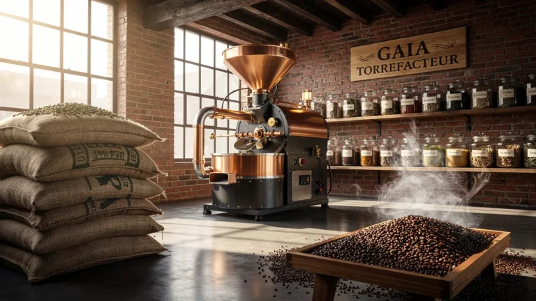 Atelier Gaia Torrefacteur avec machine à torréfier café artisanal en lumière naturelle chaude