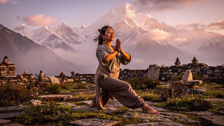 Femme pratiquant les 5 tibétains au lever du jour sur un plateau himalayen paisible