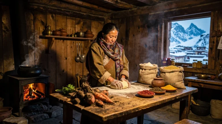 Femme tibétaine préparant un repas chaud traditionnel en hiver dans une cuisine rustique chauffée au feu de bois