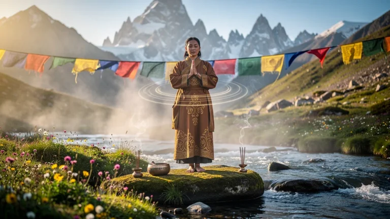 Femme méditant en robe tibétaine dans vallée montagneuse au lever du soleil pour mantra guérison