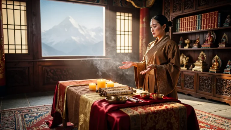 Femme préparant un massage tibétain traditionnel dans une pièce zen aux décors authentiques