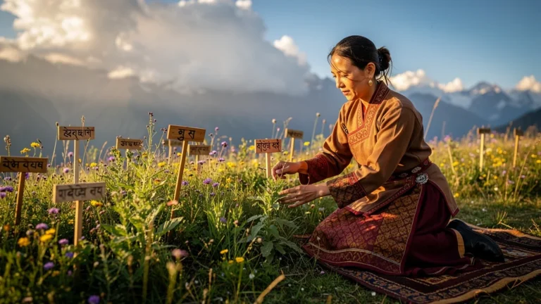 Femme tibétaine étudiant des plantes médicinales en plein air, mémorisation des noms en tibétain