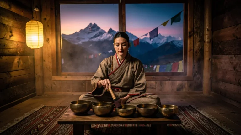 Femme tibétaine méditant avec bols chantants pour musique tibétaine relaxante avant le sommeil