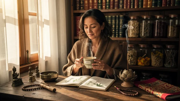Femme rédactrice découvrant Sublimea, ambiance calme et médecine tibétaine traditionnelle en lumière naturelle