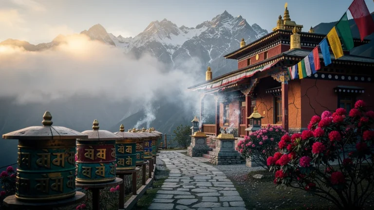 Paysage d'une retraite en communauté tibétaine, montagne, prière et spiritualité au lever du jour